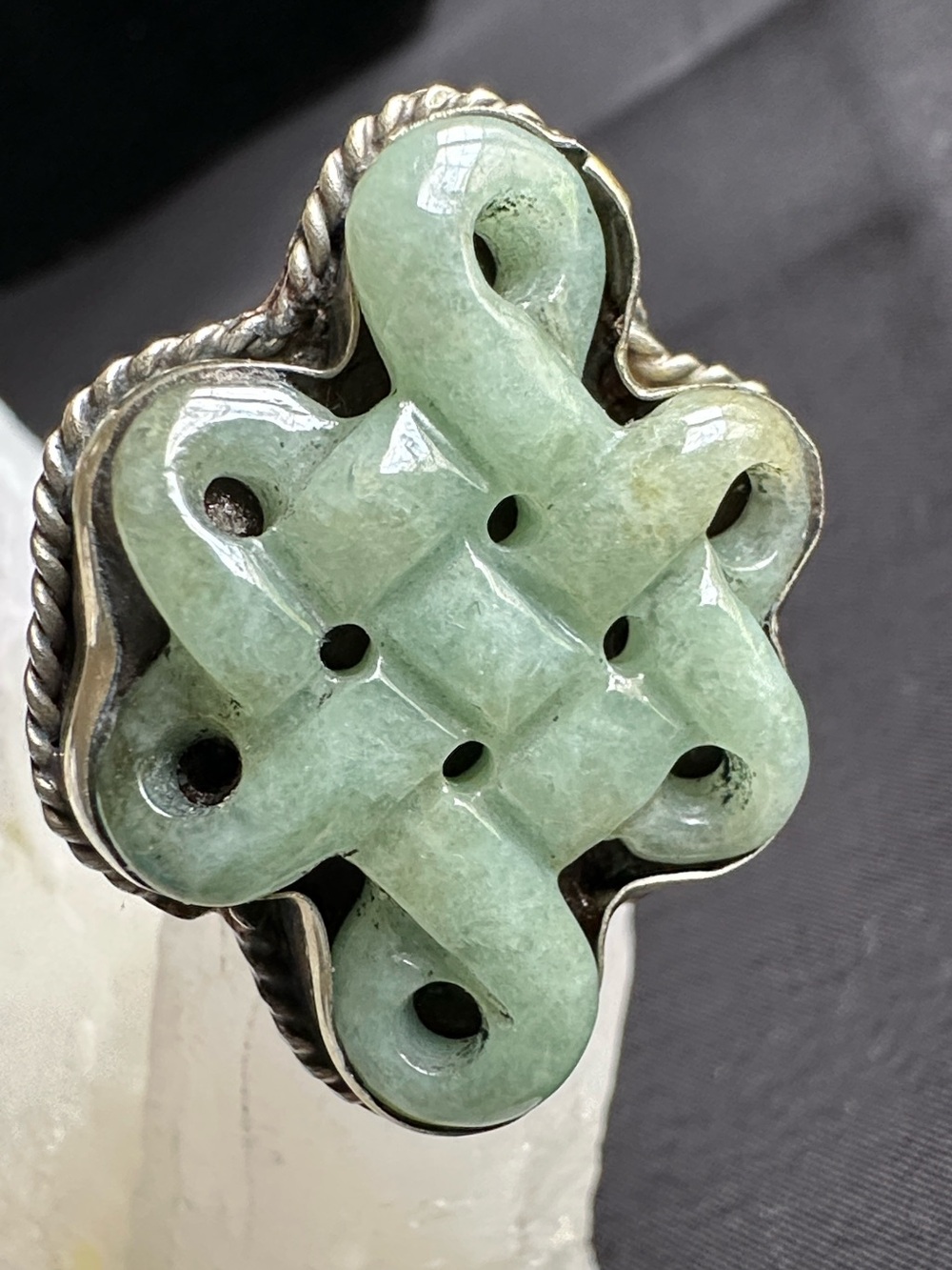 Jade EUC genuine gemstone adjustable ring. Celtic knot design in unmarked metal